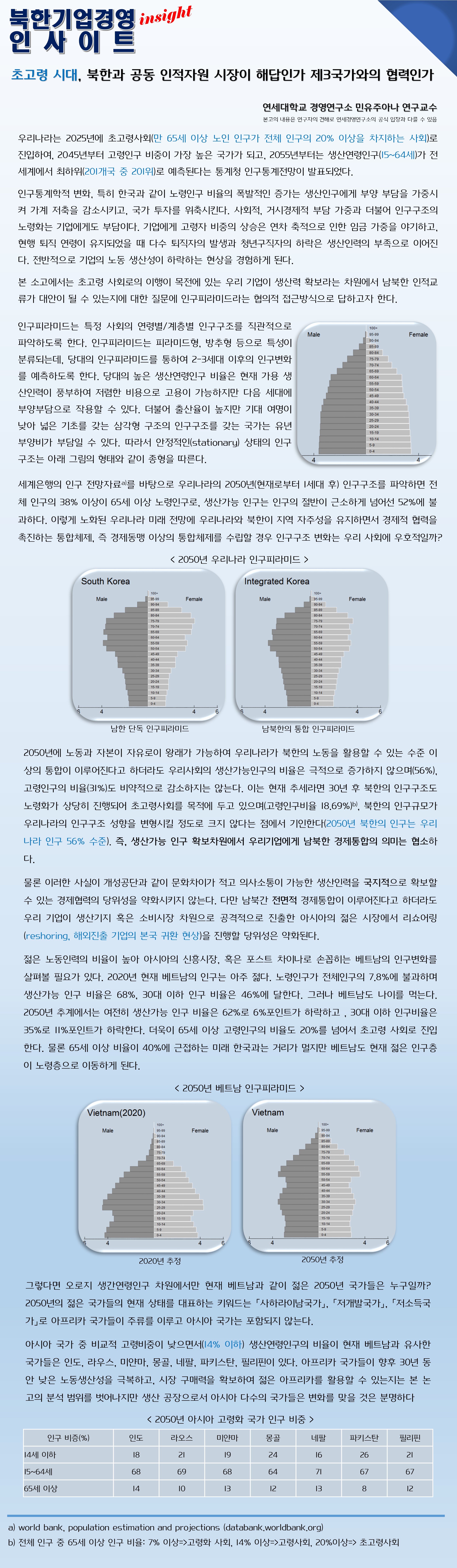 북한기업경영 인사이트(1) : 초고령 시대, 북한과 공동 인적자원 시장이 해답인가 제3국가와의 협력인가